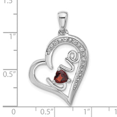 SS Rhodium-plated Garnet and White Topaz LOVE Heart Pendant