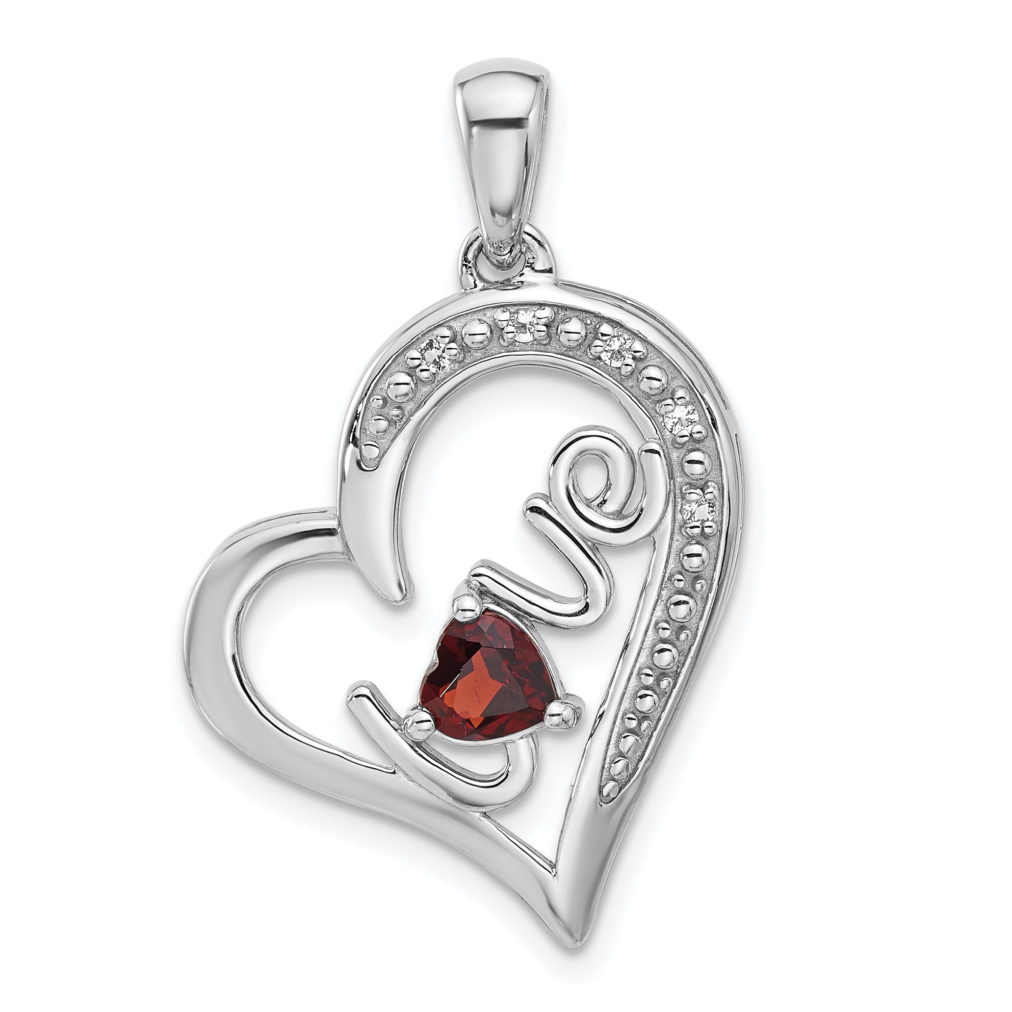 SS Rhodium-plated Garnet and White Topaz LOVE Heart Pendant