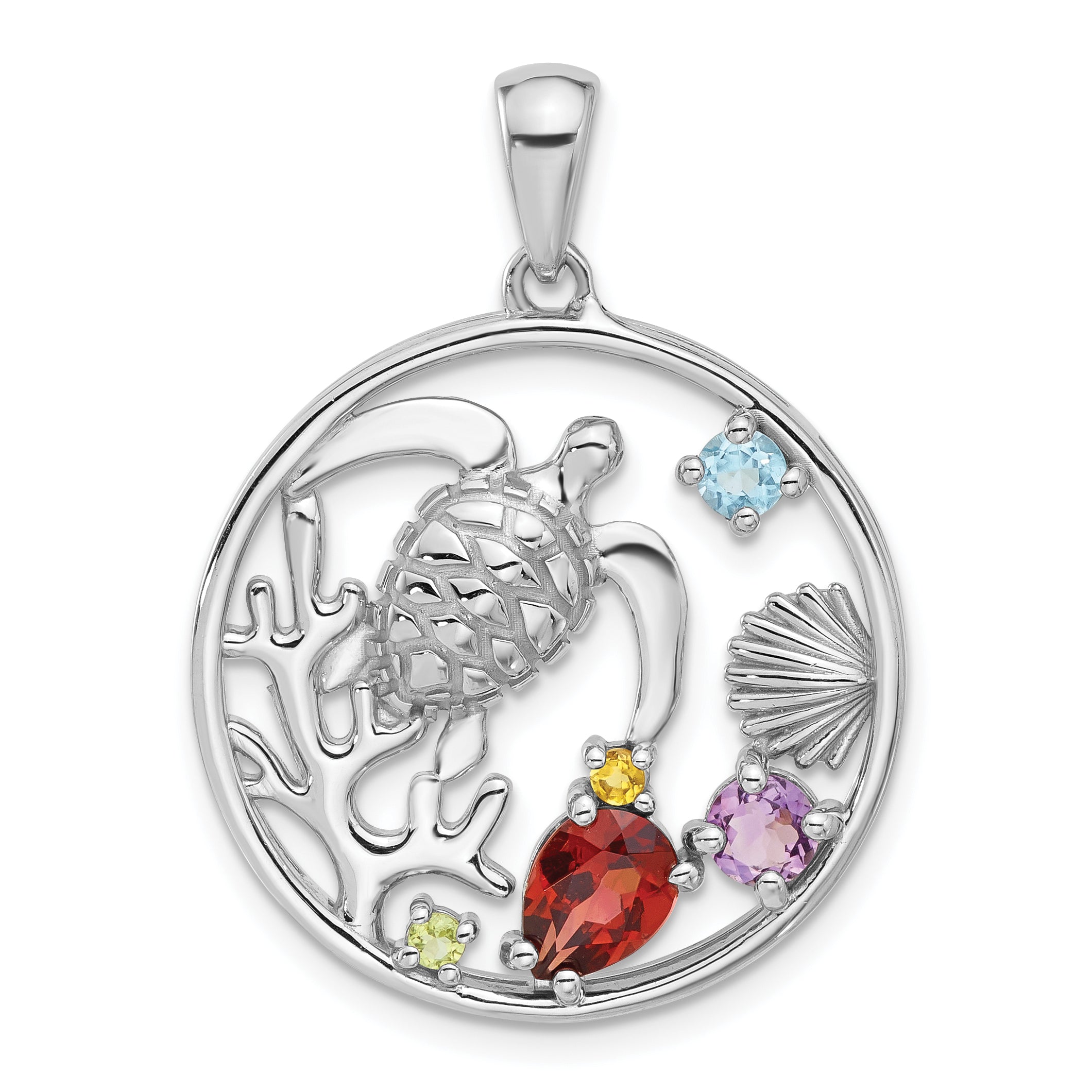 Sterling Silver Rhodium-plated Rainbow Multi-Gemstone Sea Turtle Pendant