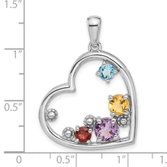 Sterling Silver Rhodium-plated Rainbow Multi Gemstone Heart Pendant