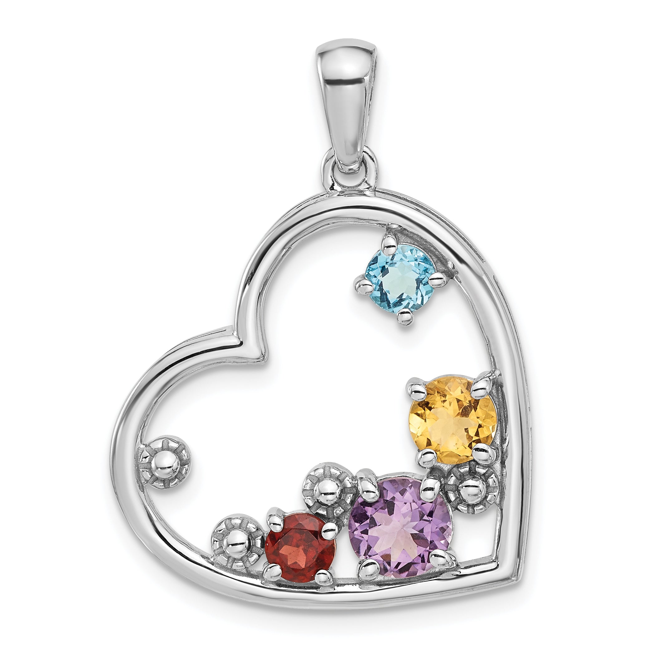 Sterling Silver Rhodium-plated Rainbow Multi Gemstone Heart Pendant