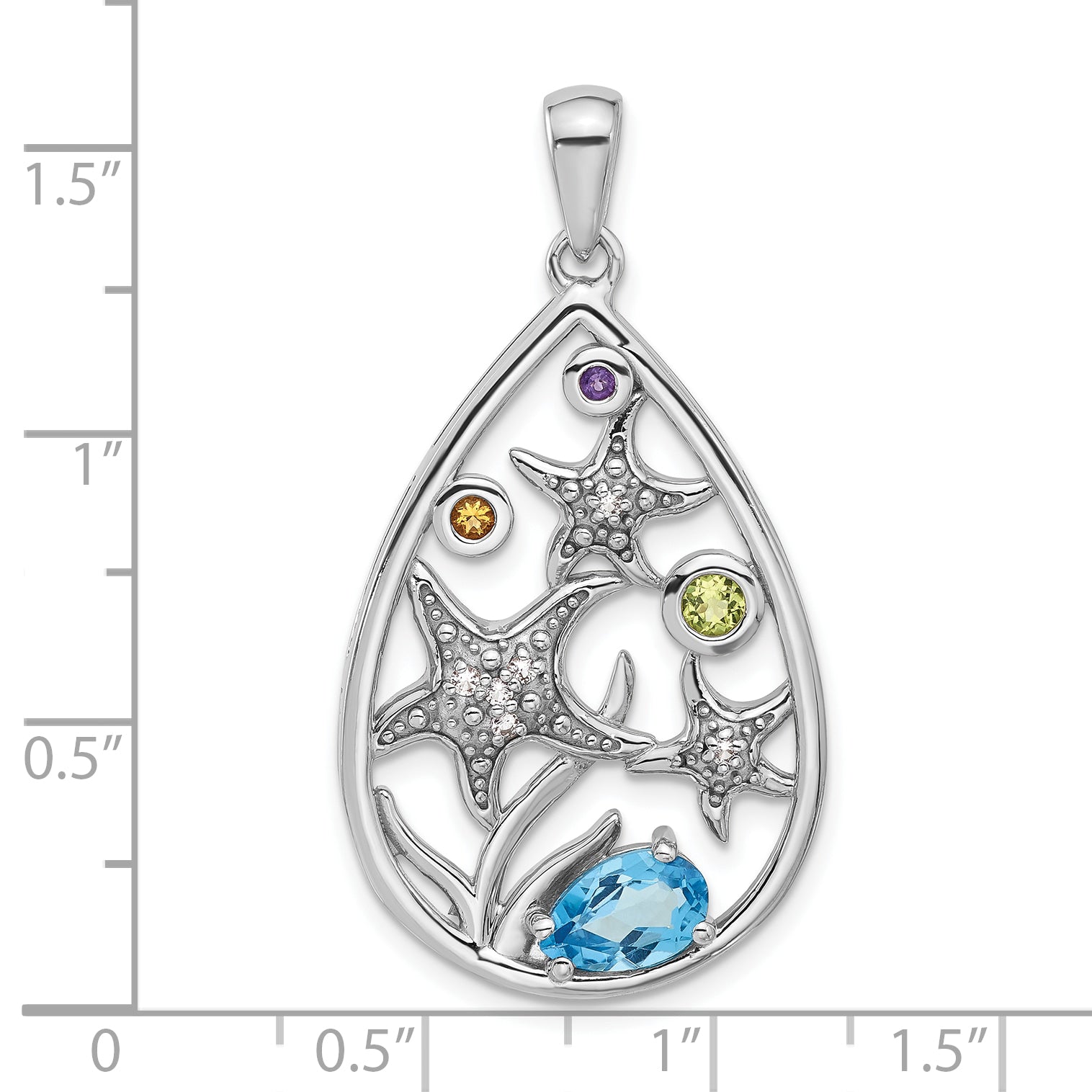 Sterling Silver Rhodium-plated Rainbow Multi-Gemstone Starfish Pendant