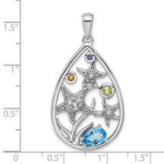 Sterling Silver Rhodium-plated Rainbow Multi-Gemstone Starfish Pendant