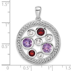 Sterling Silver Rhodium Amethyst Garnet and White Topaz Circle Pendant