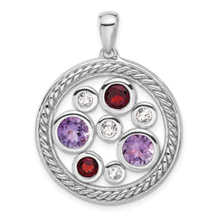 Sterling Silver Rhodium Amethyst Garnet and White Topaz Circle Pendant