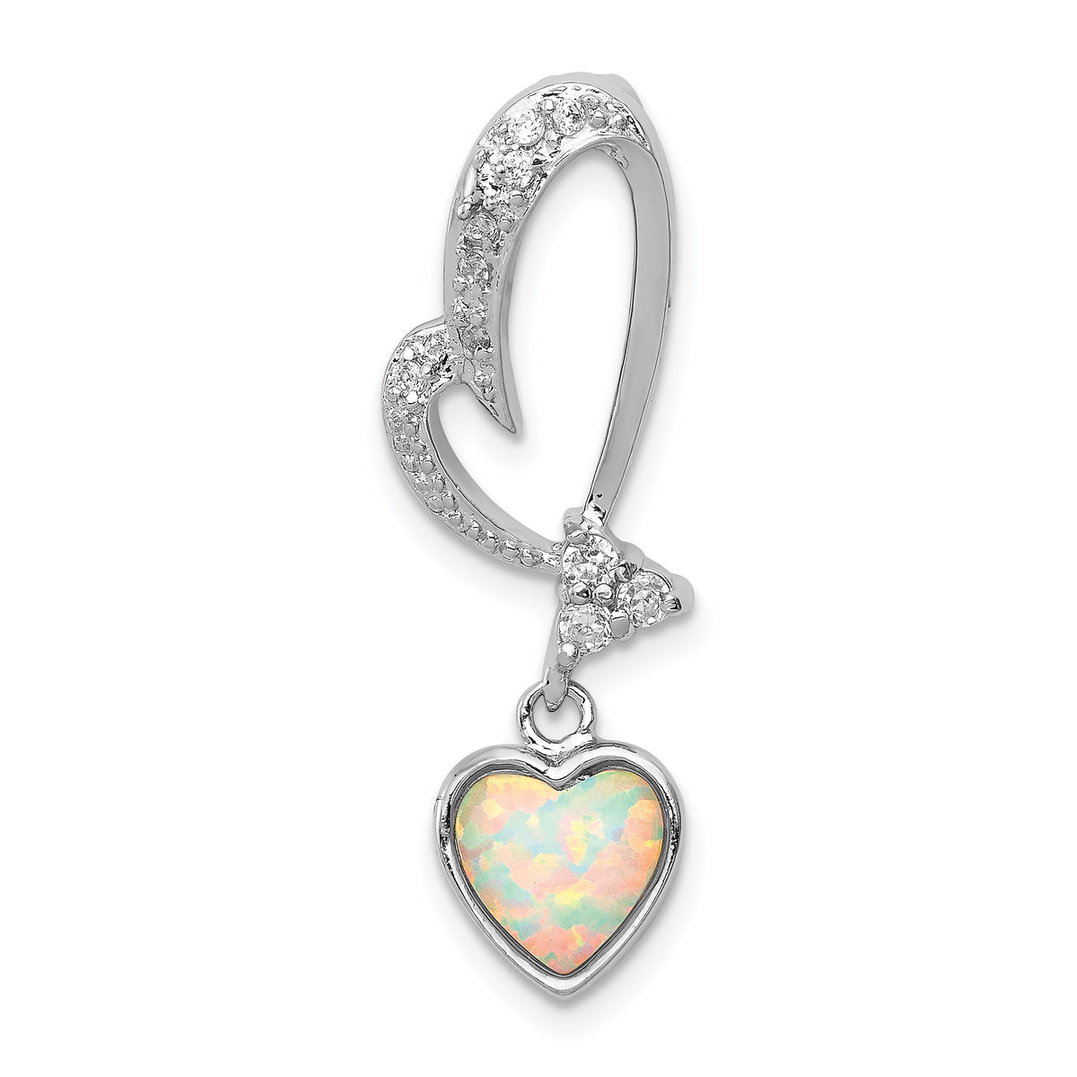 Sterling Silver Rhodium Plated Opal and CZ Heart Pendant