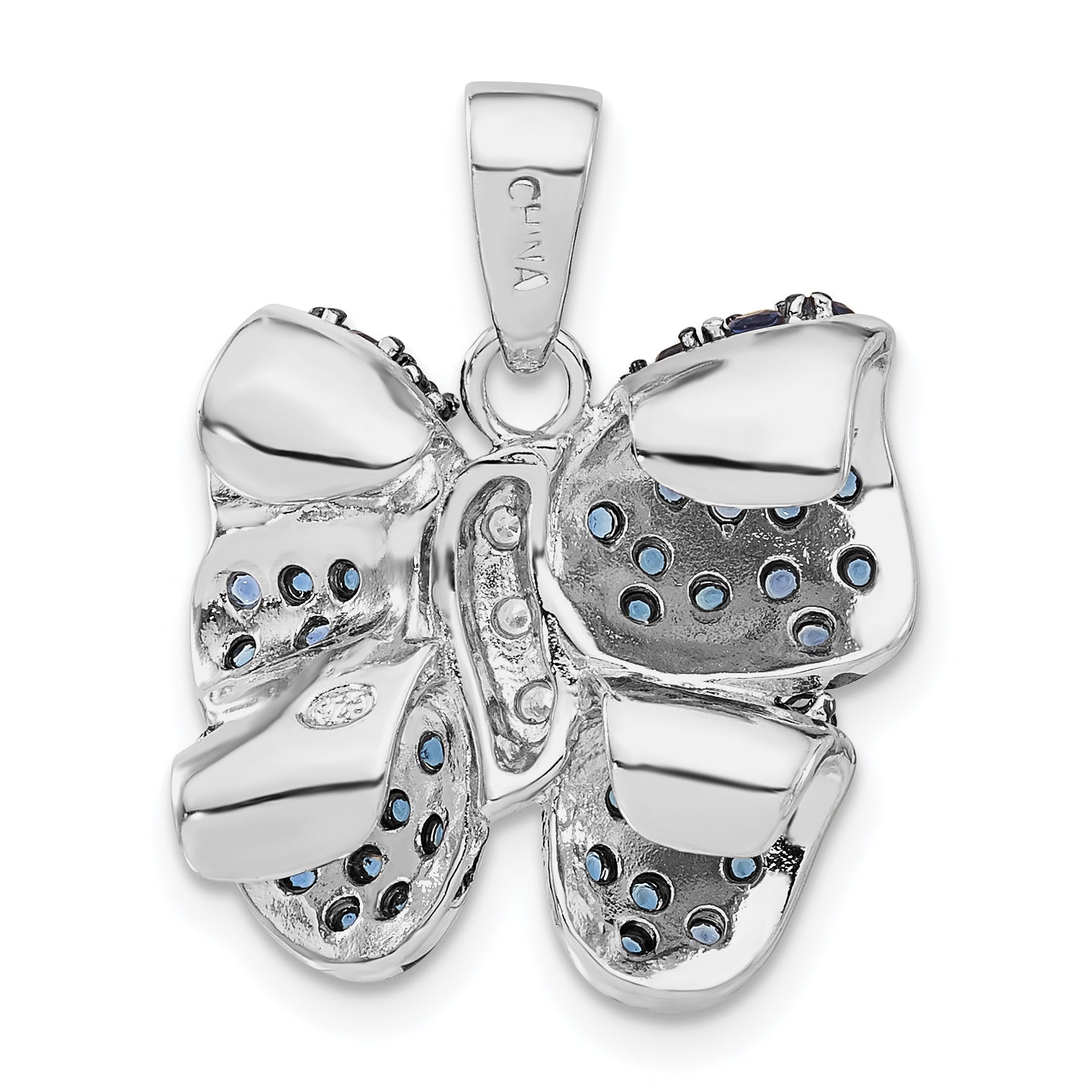 Sterling Silver Antiqued Blue & Clear CZ Butterfly Pendant