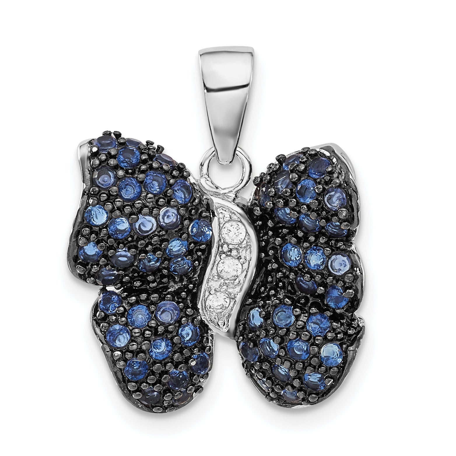 Sterling Silver Antiqued Blue & Clear CZ Butterfly Pendant