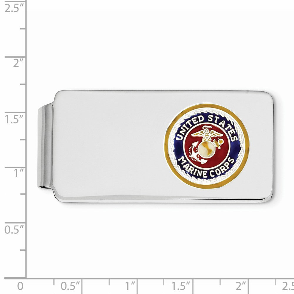 Sterling Silver Rhodium U.S. Marine Corp Money Clip With gold border, silver