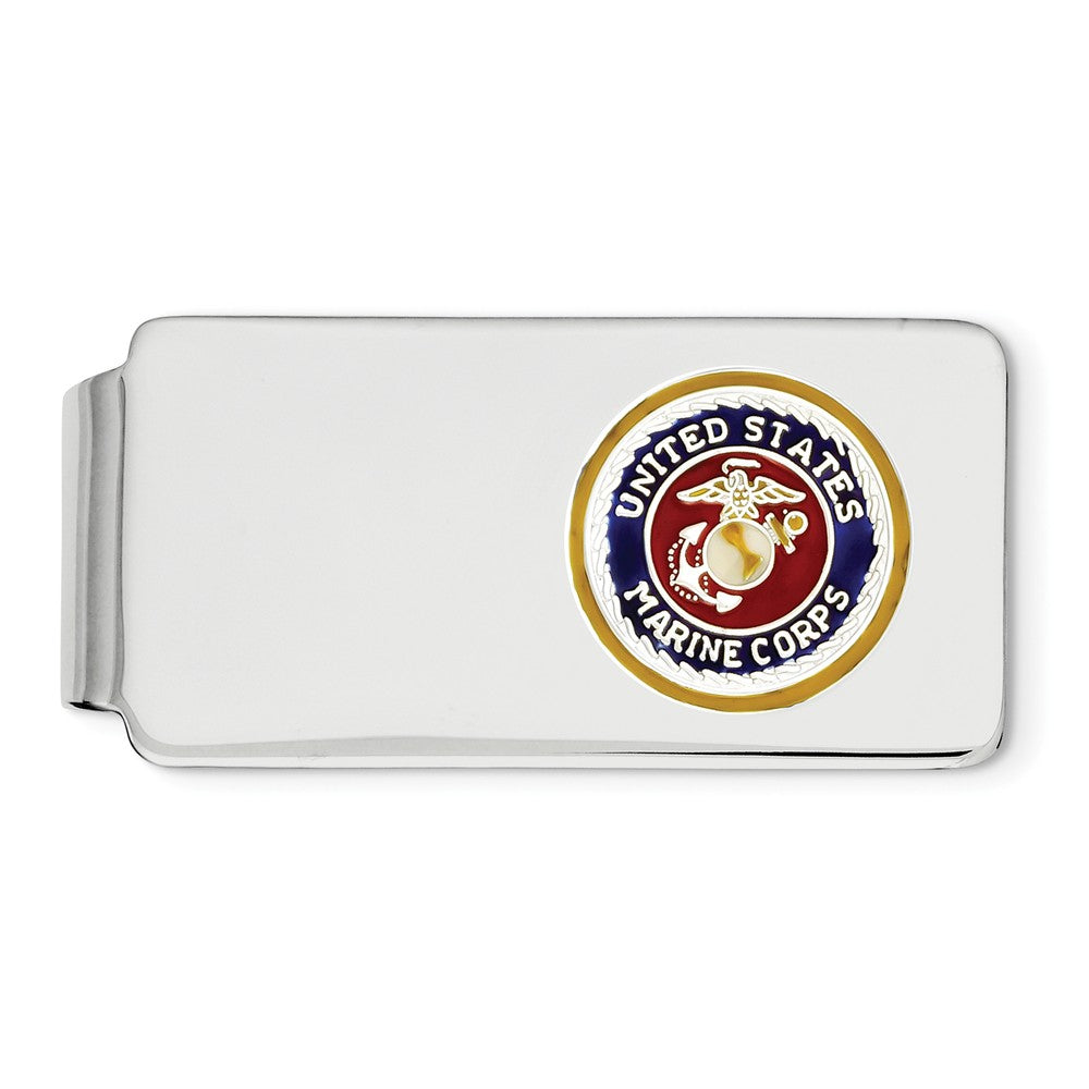 Sterling Silver Rhodium U.S. Marine Corp Money Clip With gold border, silver