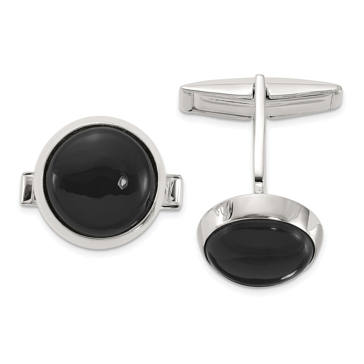 Sterling Silver Polished Round Onyx Cuff Links