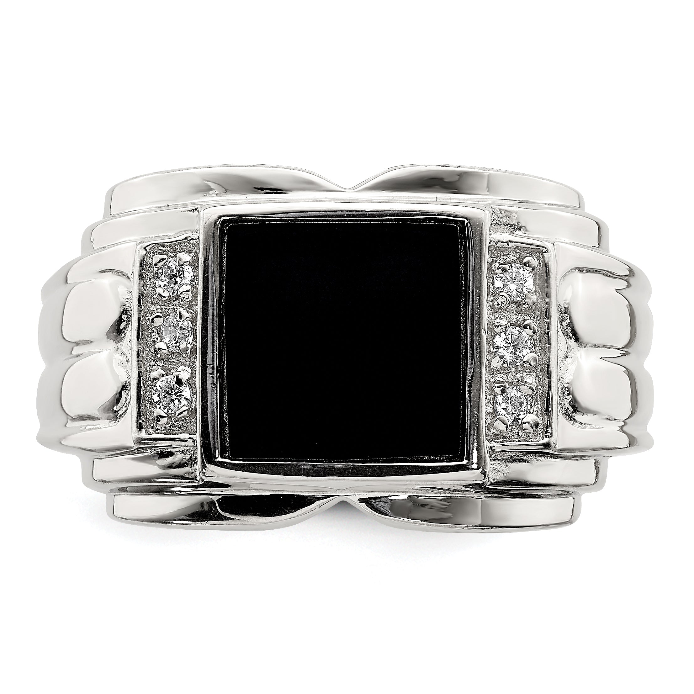 Sterling Silver Rhodium-plated CZ and Onyx Ring