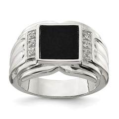 Sterling Silver Rhodium-plated CZ and Onyx Ring