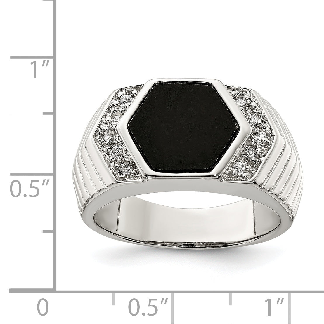 Sterling Silver Rhodium-plated Men's CZ and Onyx Ring