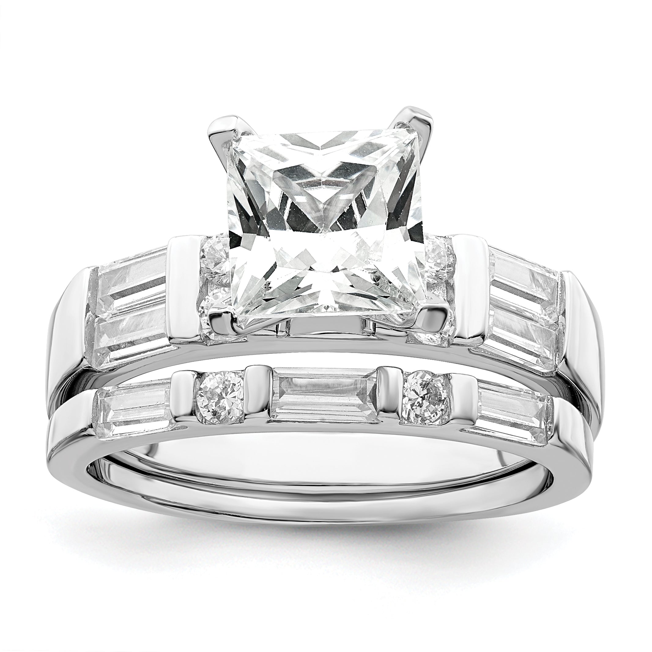 Sterling Silver Rhodium Plated CZ Engagement Ring and CZ Wedding Band Two Piece Set