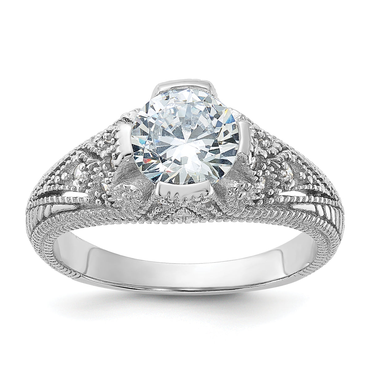 Sterling Silver Rhodium-plated CZ Antique Style Ring