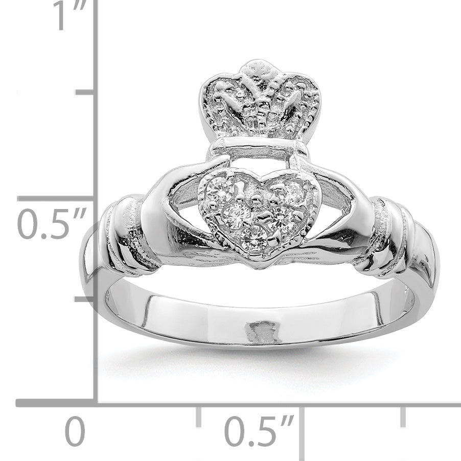 Sterling Silver Rhodium-plated CZ Claddagh Ring