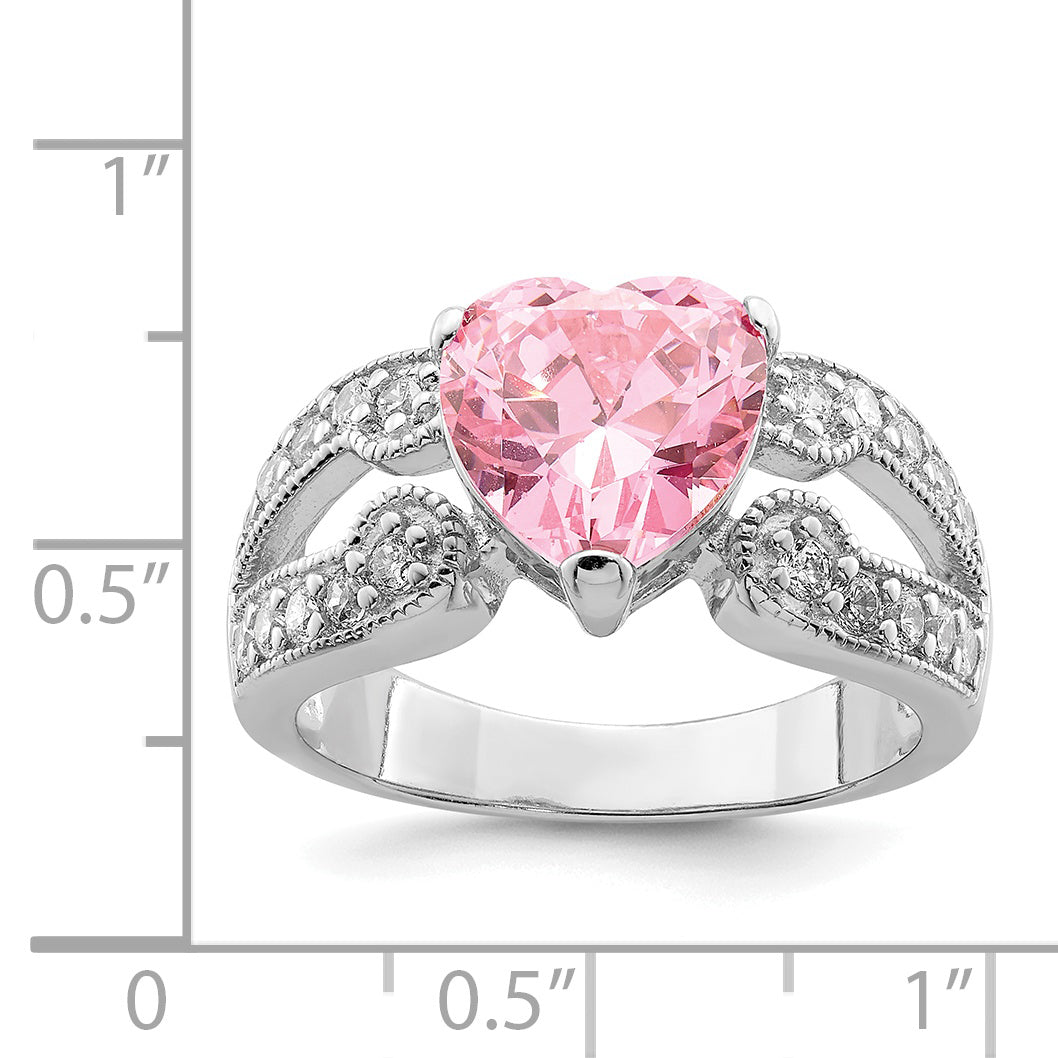 Sterling Silver Rhodium plated 10mm Clear CZ and Pink Heart CZ Ring