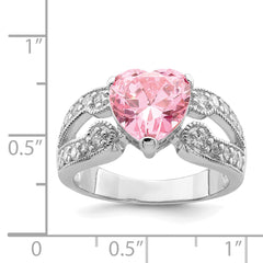 Sterling Silver Rhodium plated 10mm Clear CZ and Pink Heart CZ Ring