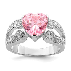 Sterling Silver Rhodium plated 10mm Clear CZ and Pink Heart CZ Ring