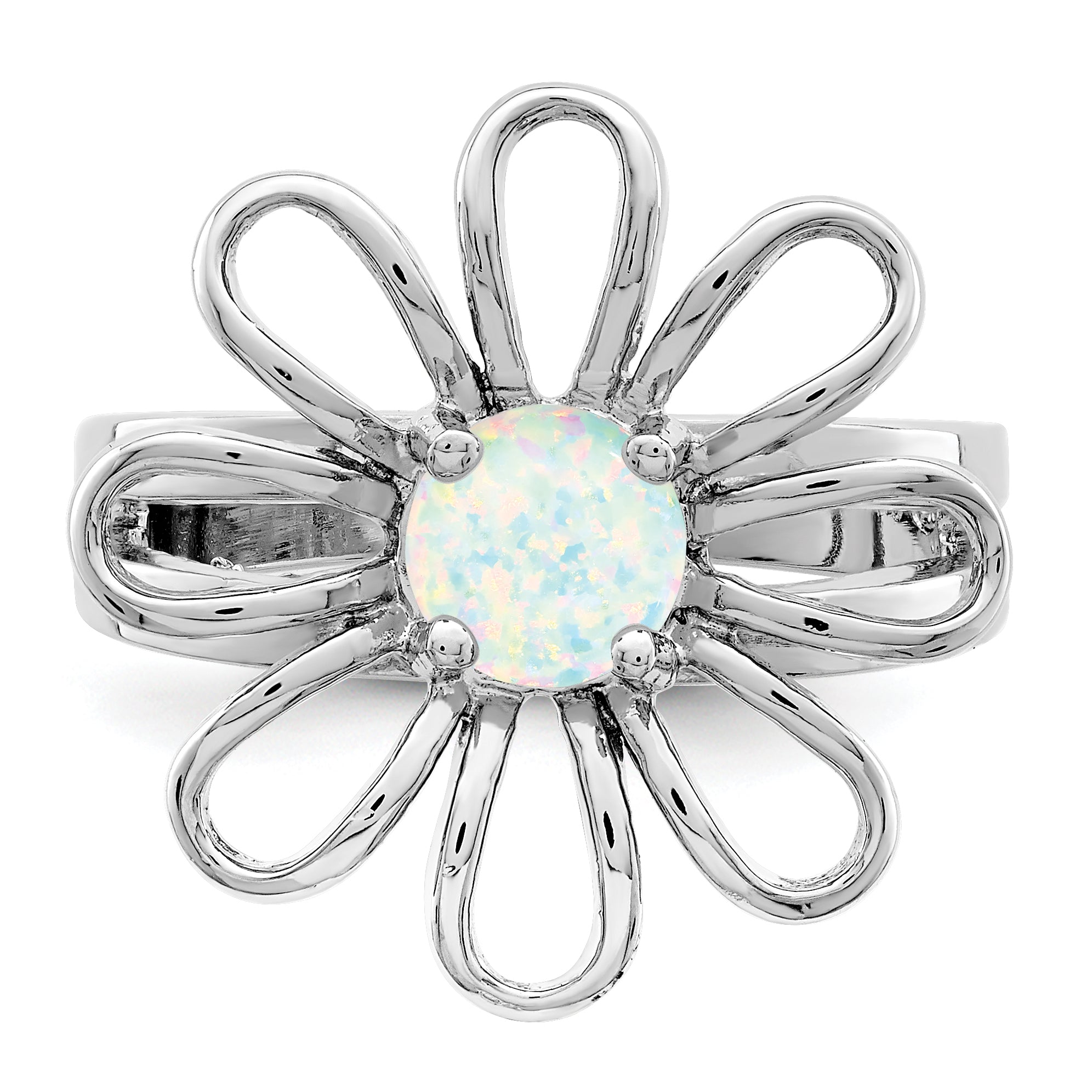 Sterling Silver Rhodium-plated Lab CreatedOpal Flower Ring