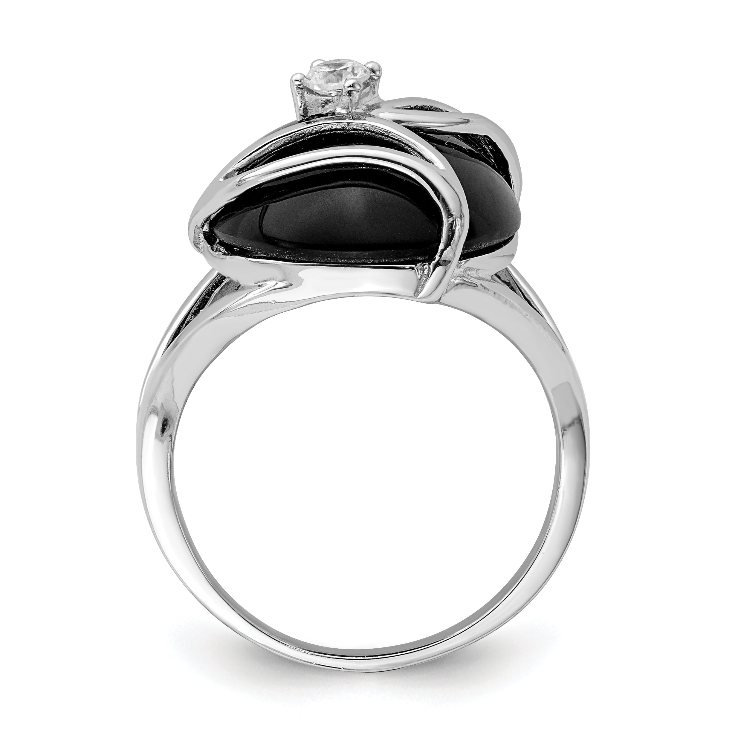 Sterling Silver Rhodium-plated Onyx and CZ Ring