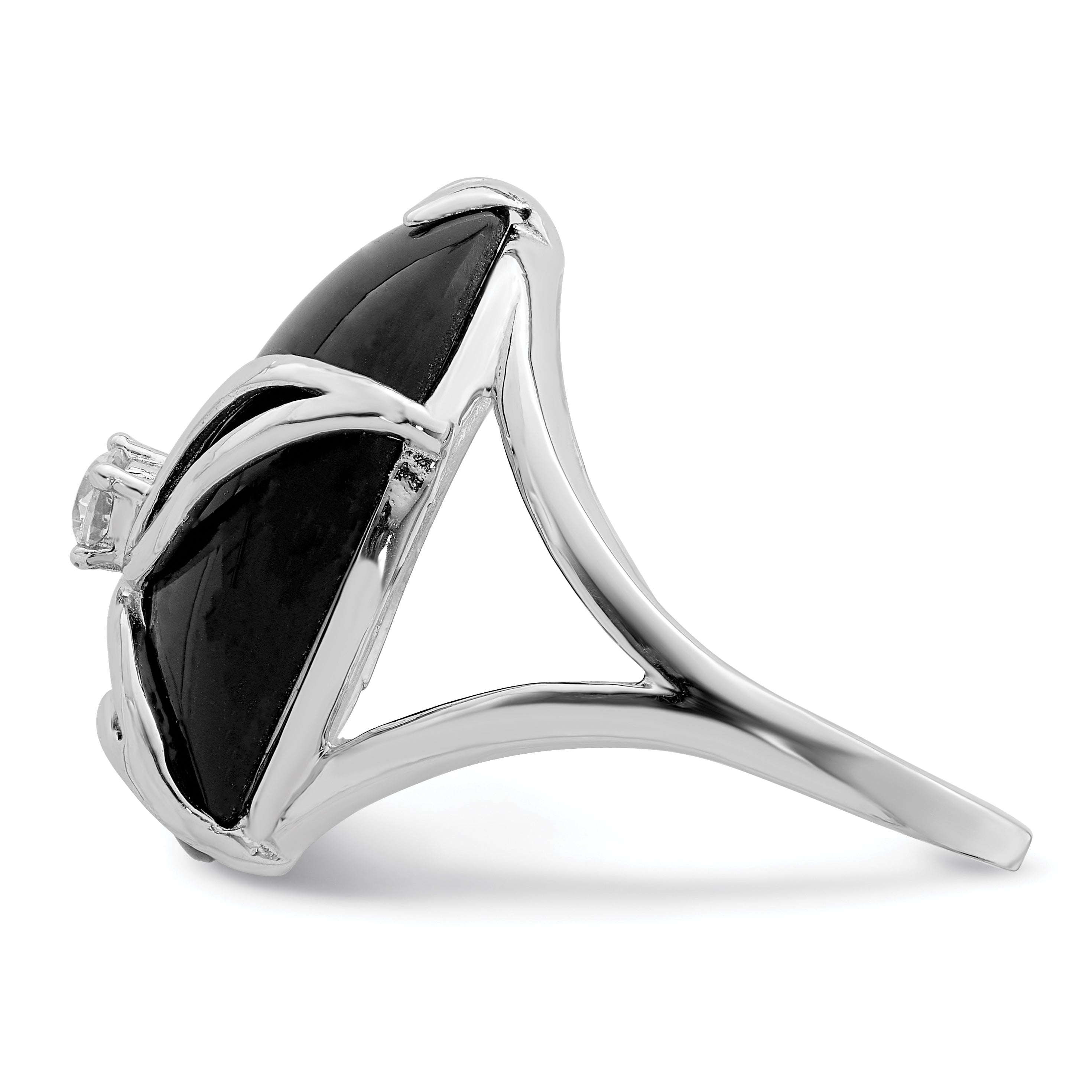 Sterling Silver Rhodium-plated Onyx and CZ Ring