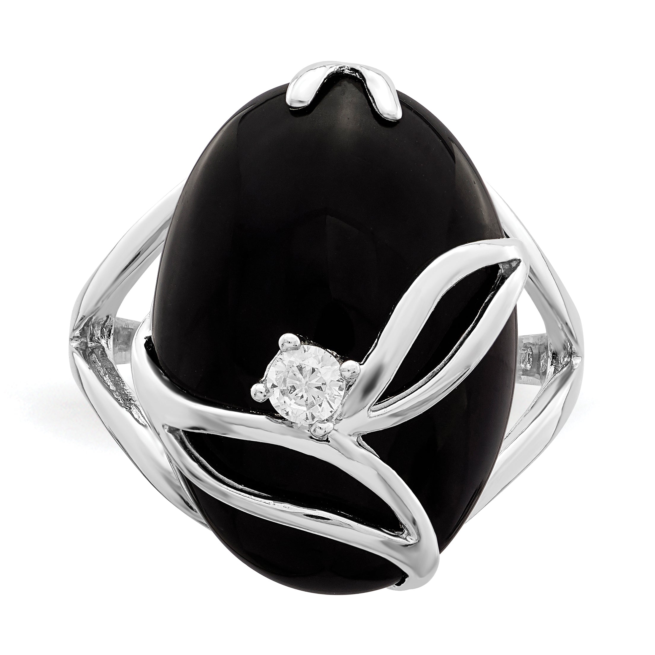 Sterling Silver Rhodium-plated Onyx and CZ Ring