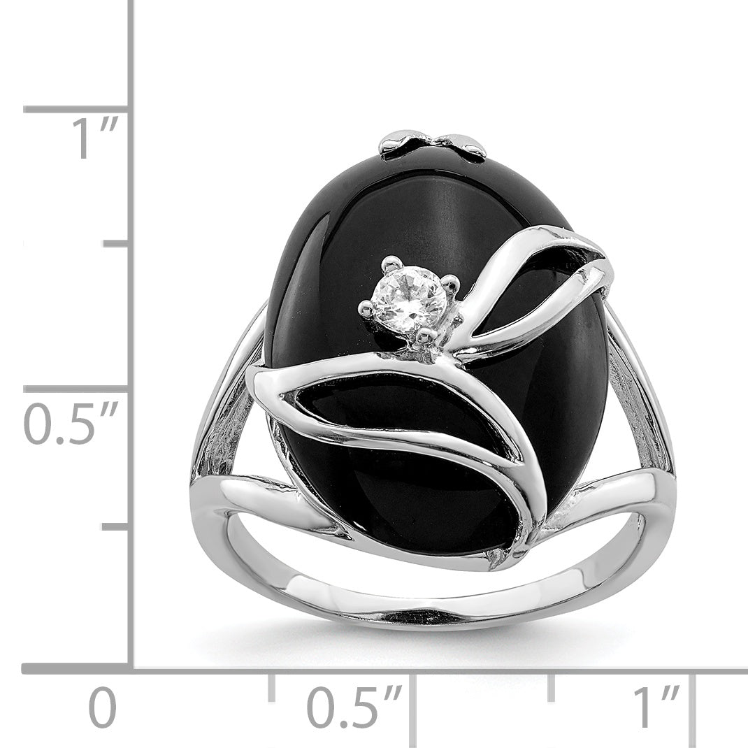 Sterling Silver Rhodium-plated Onyx and CZ Ring