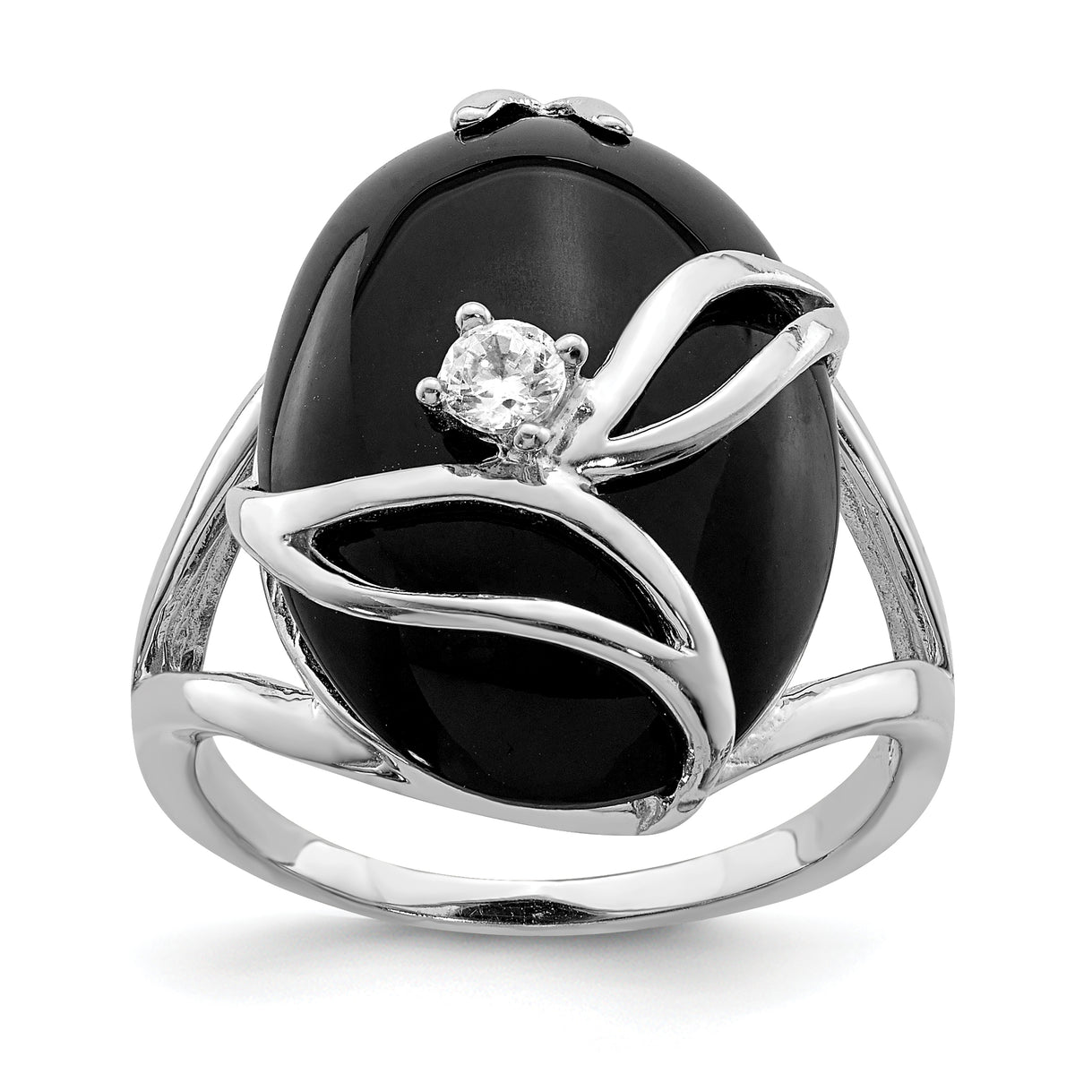 Sterling Silver Rhodium-plated Onyx and CZ Ring