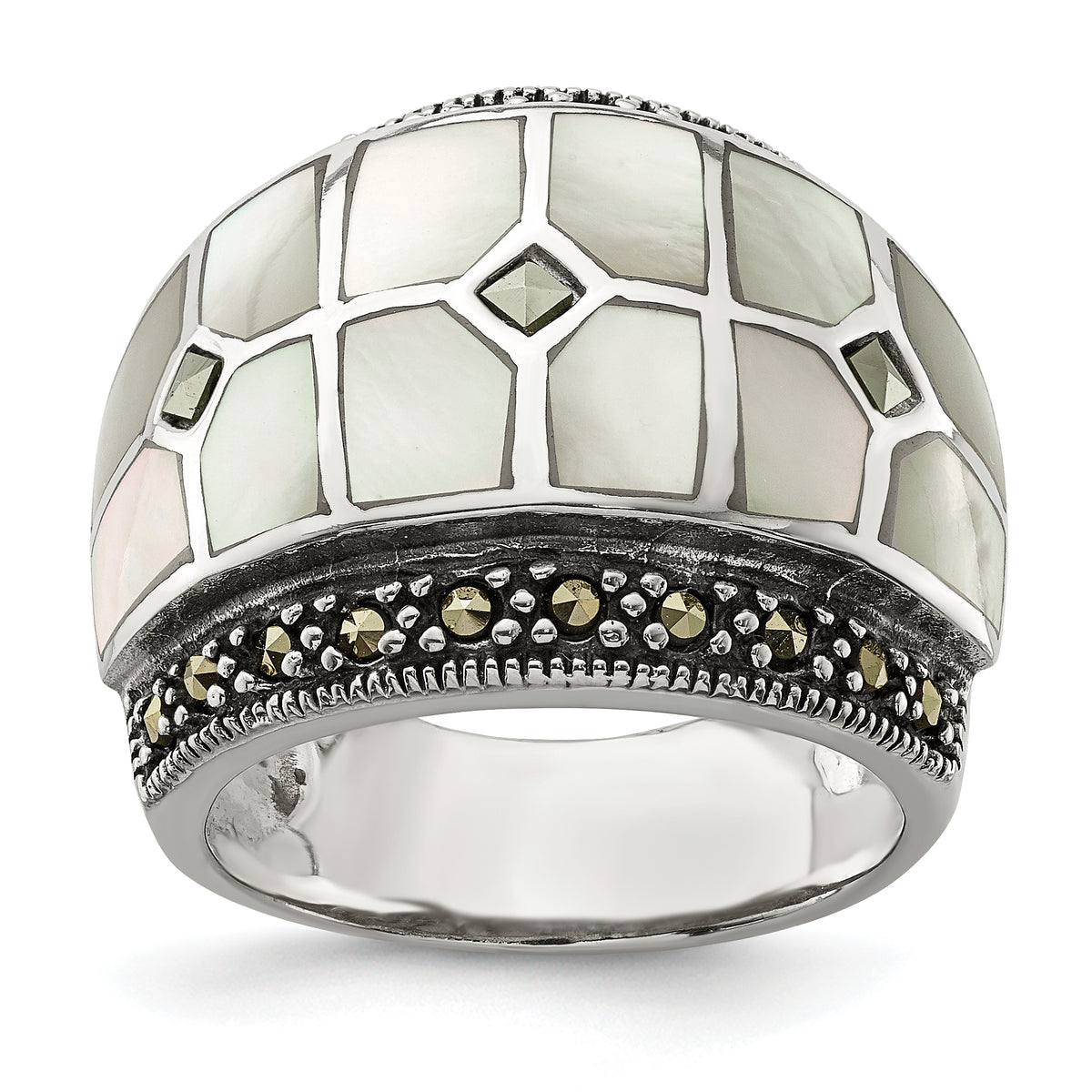 Sterling Silver Marcasite & Mother of Pearl Ring