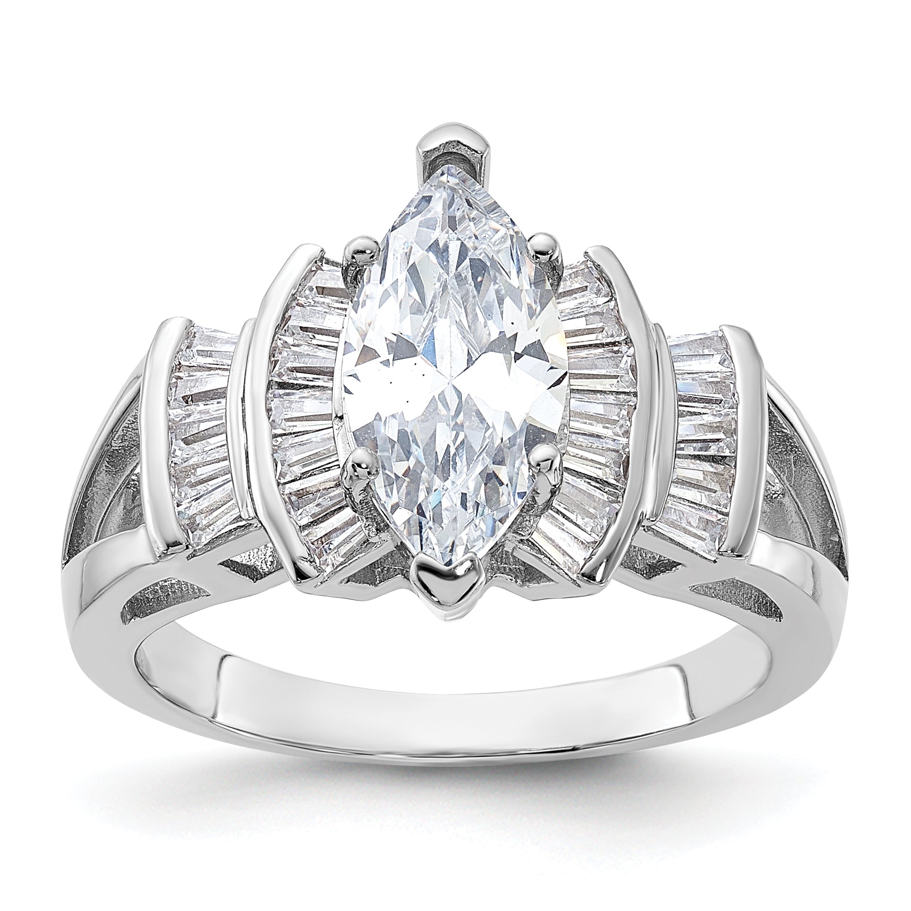 Sterling Silver Rhodium-plated Marquise Shape Center CZ Ring