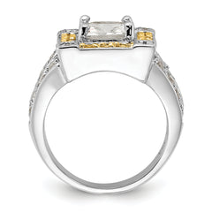 Sterling Silver Polished Yellow & Clear CZ Square Halo Ring