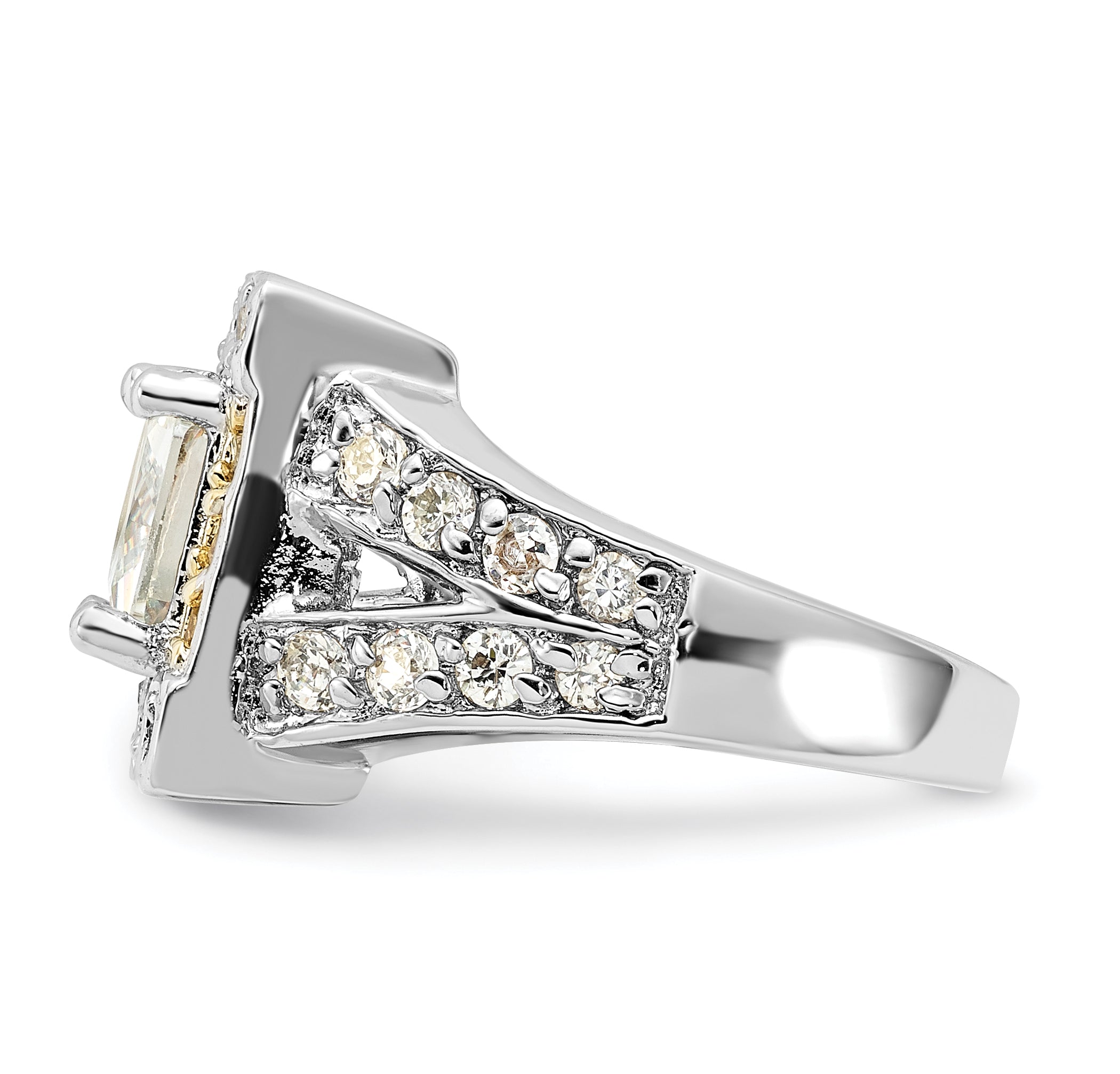 Sterling Silver Polished Yellow & Clear CZ Square Halo Ring