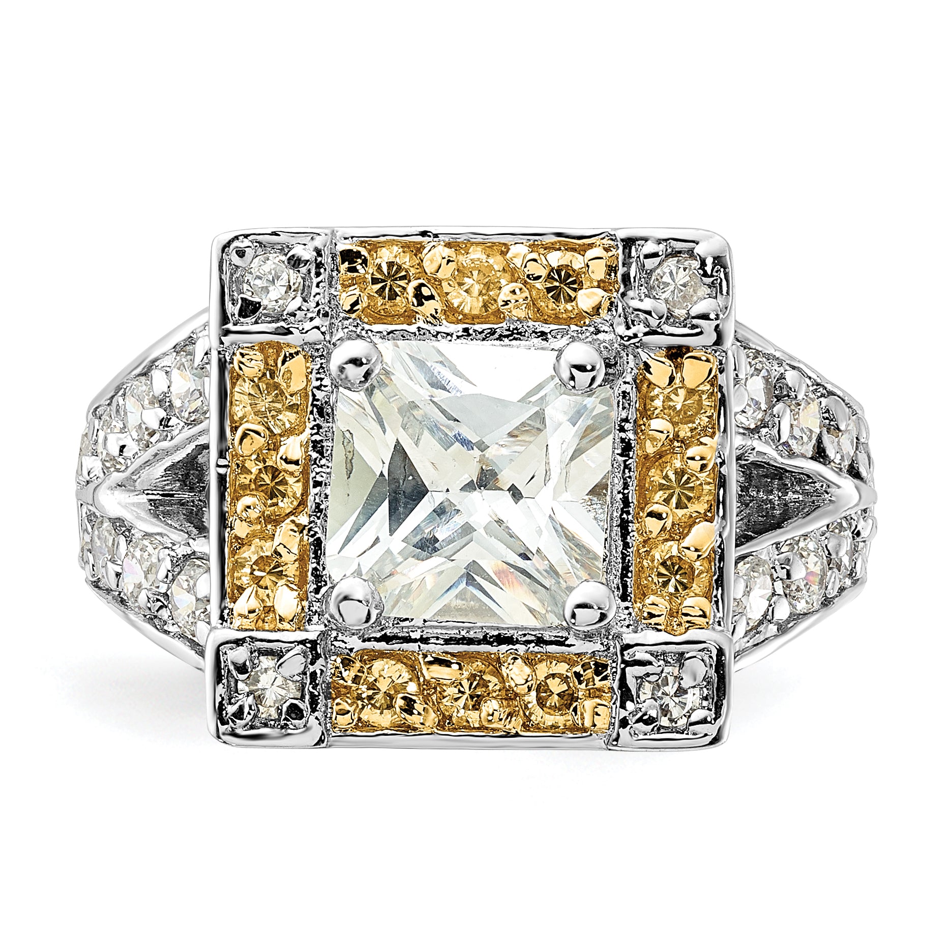 Sterling Silver Polished Yellow & Clear CZ Square Halo Ring