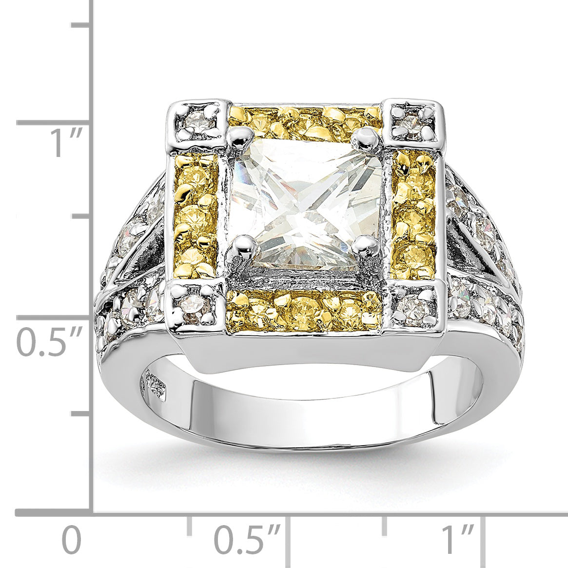 Sterling Silver Polished Yellow & Clear CZ Square Halo Ring