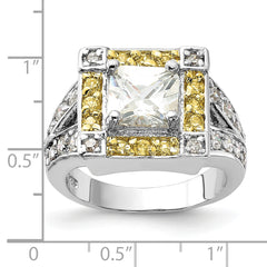 Sterling Silver Polished Yellow & Clear CZ Square Halo Ring