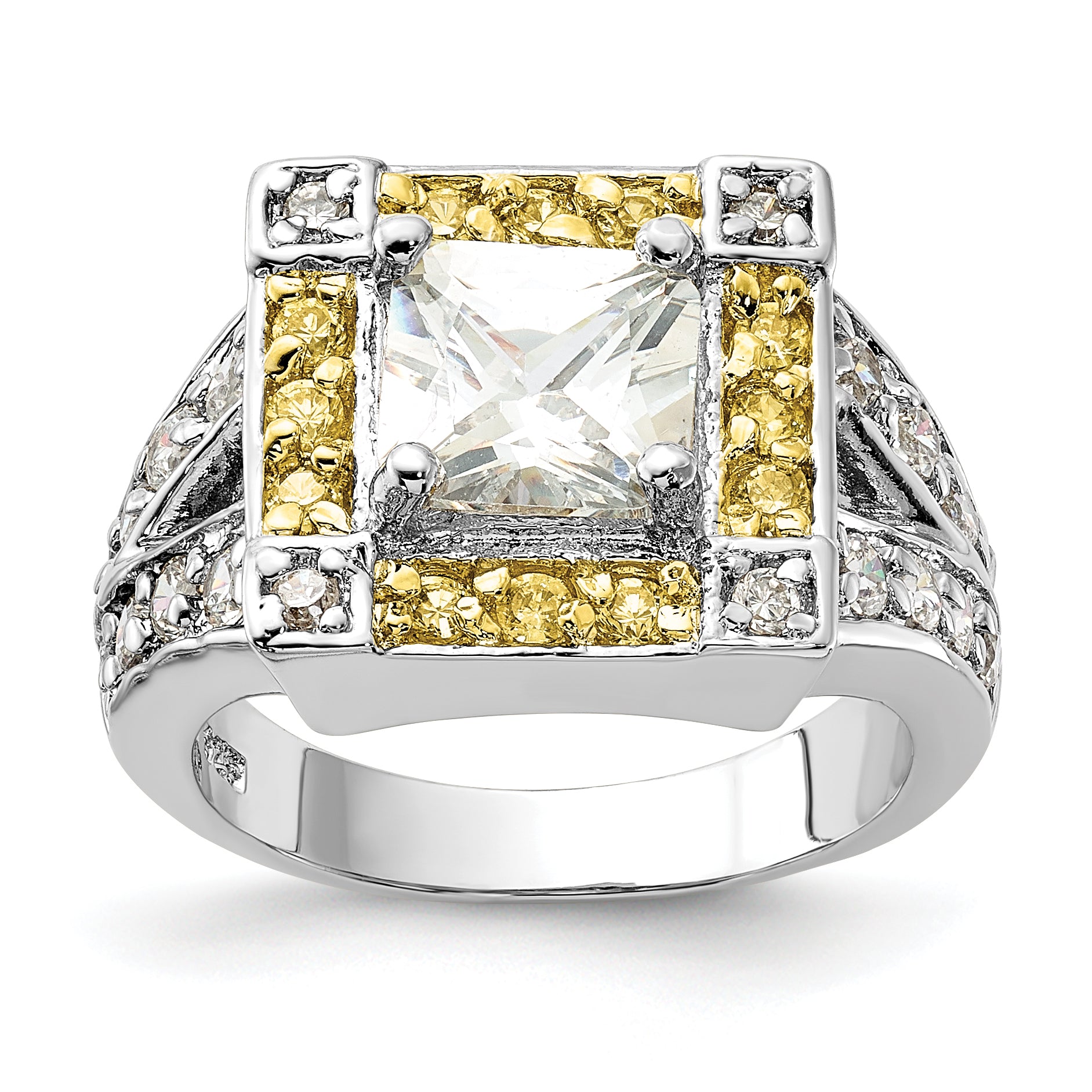 Sterling Silver Polished Yellow & Clear CZ Square Halo Ring