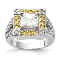 Sterling Silver Polished Yellow & Clear CZ Square Halo Ring