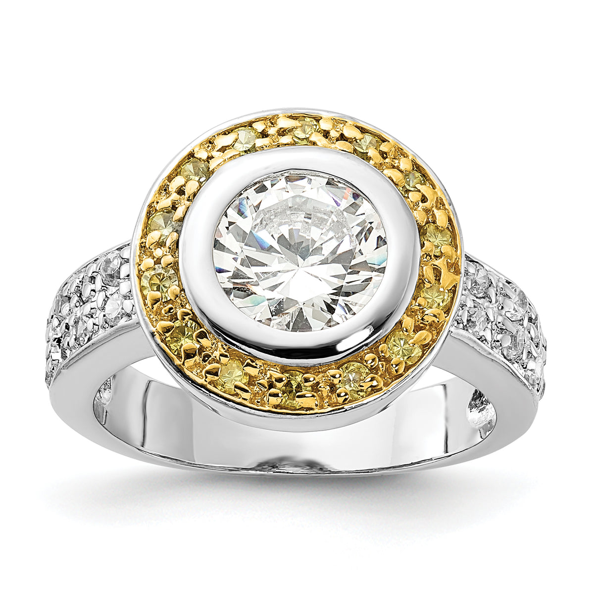 Sterling Silver & Gold-tone Vermeil Polished Yellow & Clear CZ Circle Ring