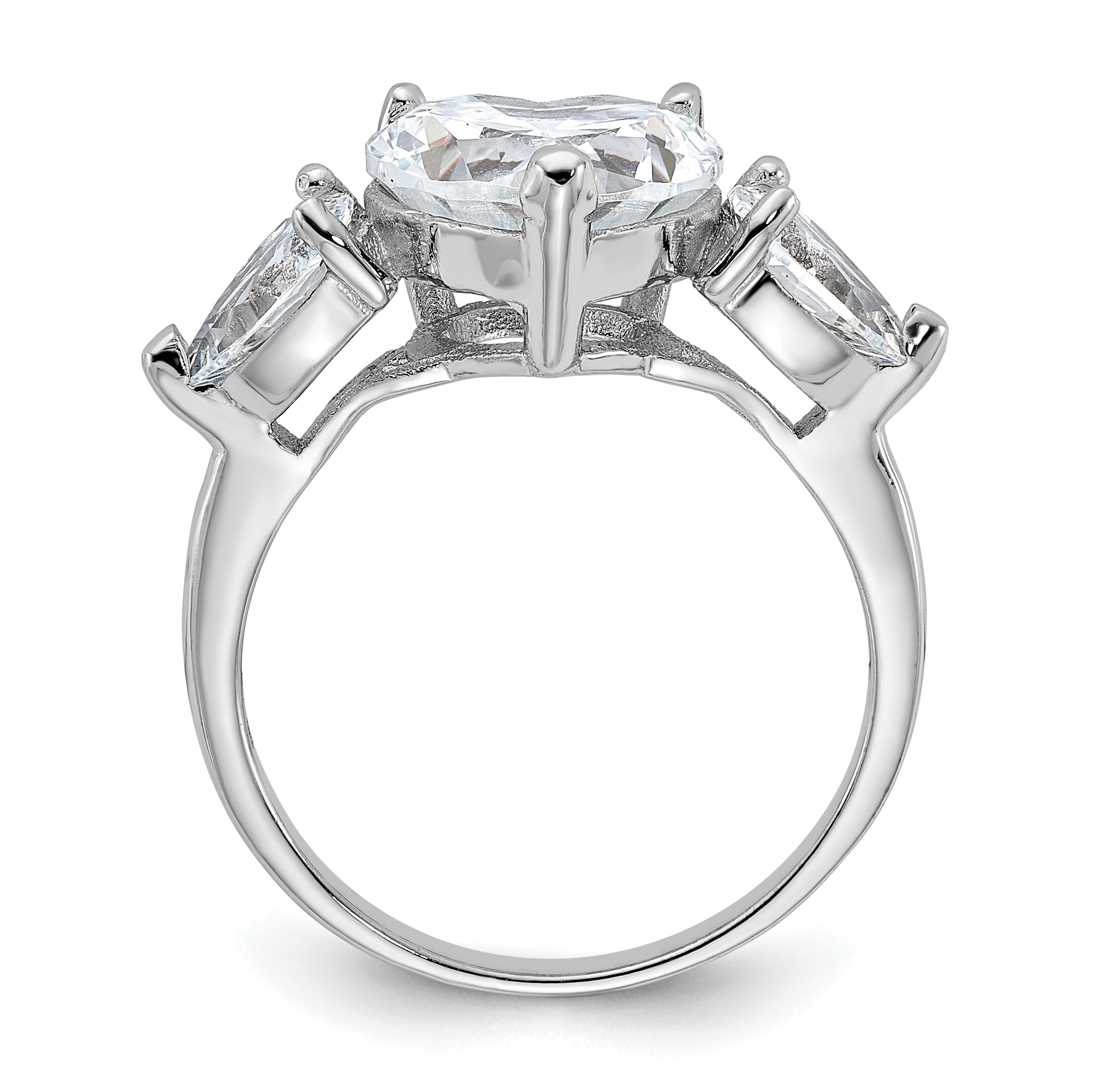 Sterling Silver Rhodium-plated Heart Shape Center CZ 3-Stone Ring