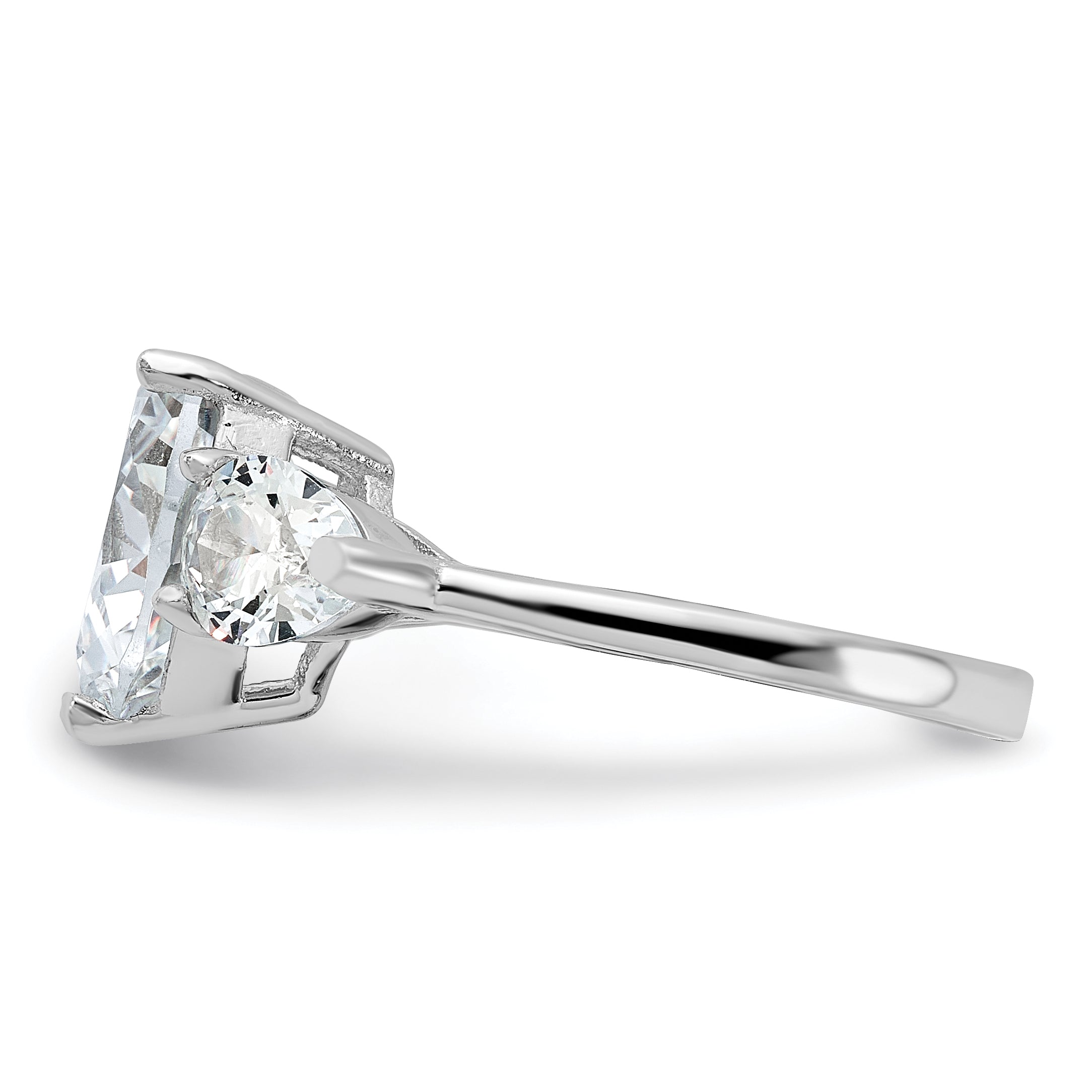 Sterling Silver Rhodium-plated Heart Shape Center CZ 3-Stone Ring