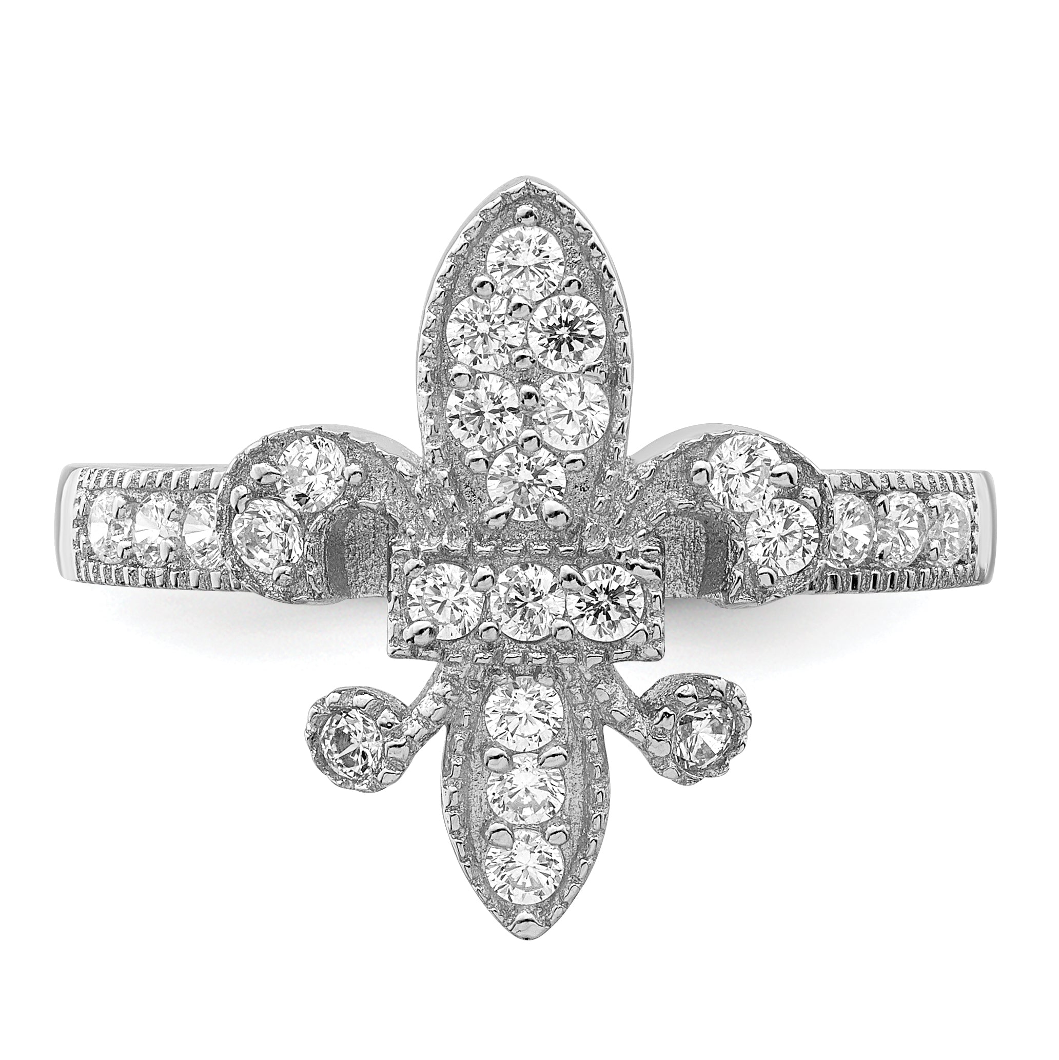 Sterling Silver Rhodium-plated CZ Fleur-de-lis Ring