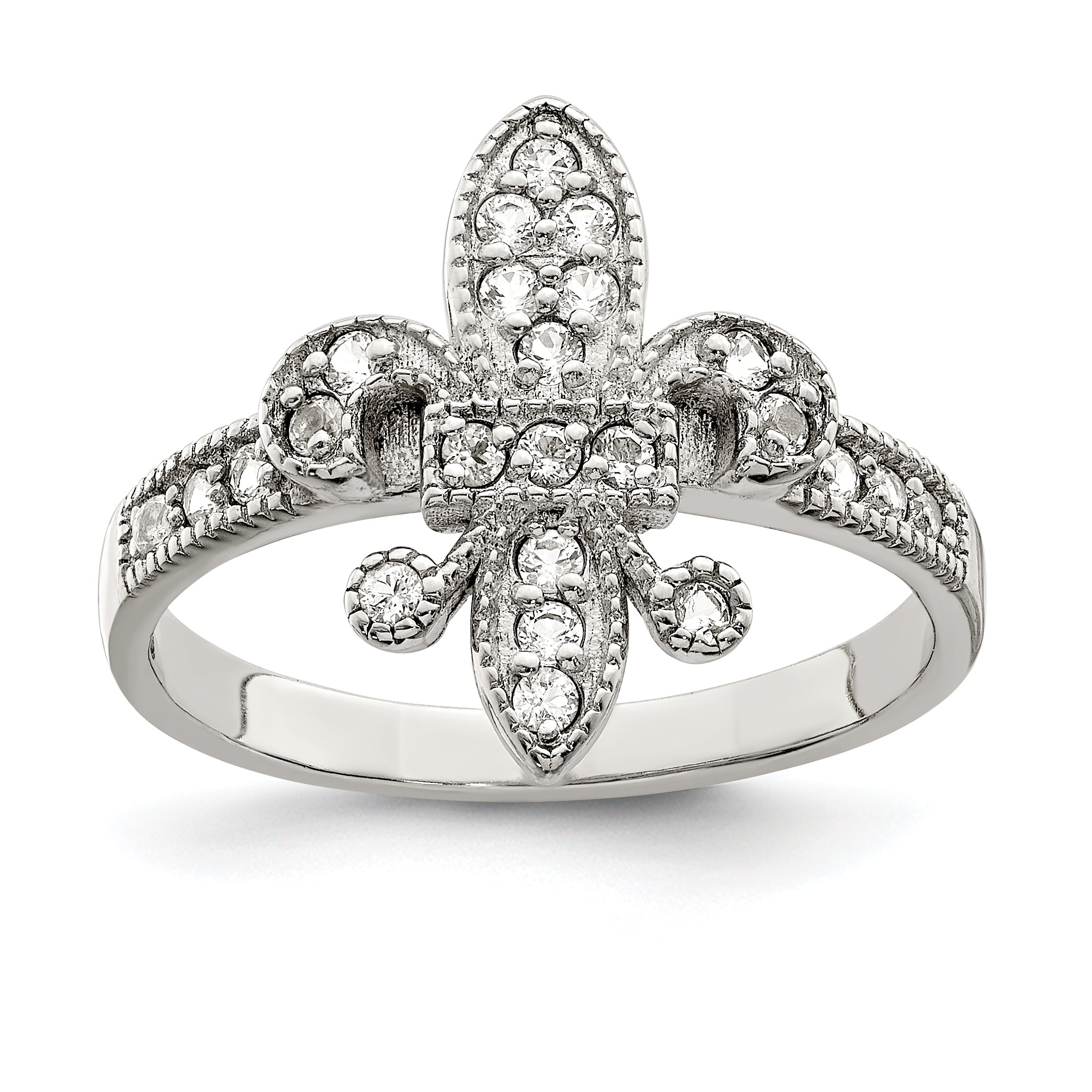 Sterling Silver Rhodium-plated CZ Fleur-de-lis Ring