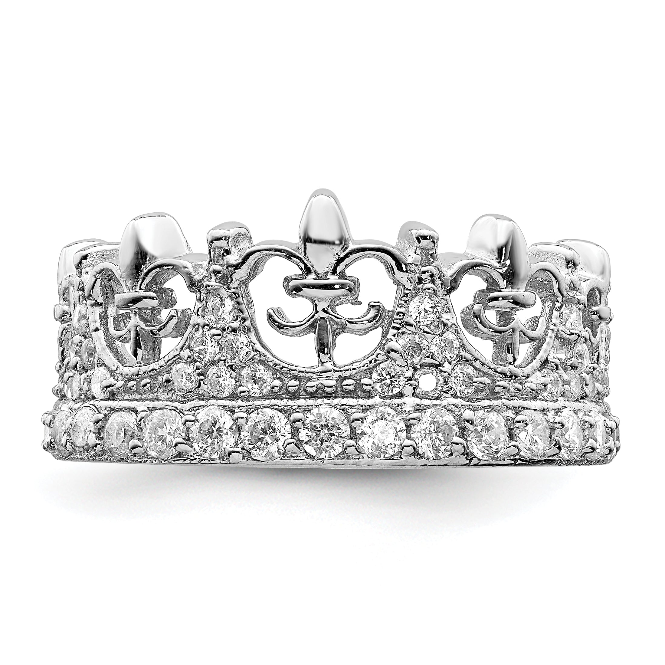 Sterling Silver Rhodium-plated Fleur-de-lis Crown CZ Ring