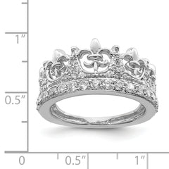 Sterling Silver Rhodium-plated Fleur-de-lis Crown CZ Ring