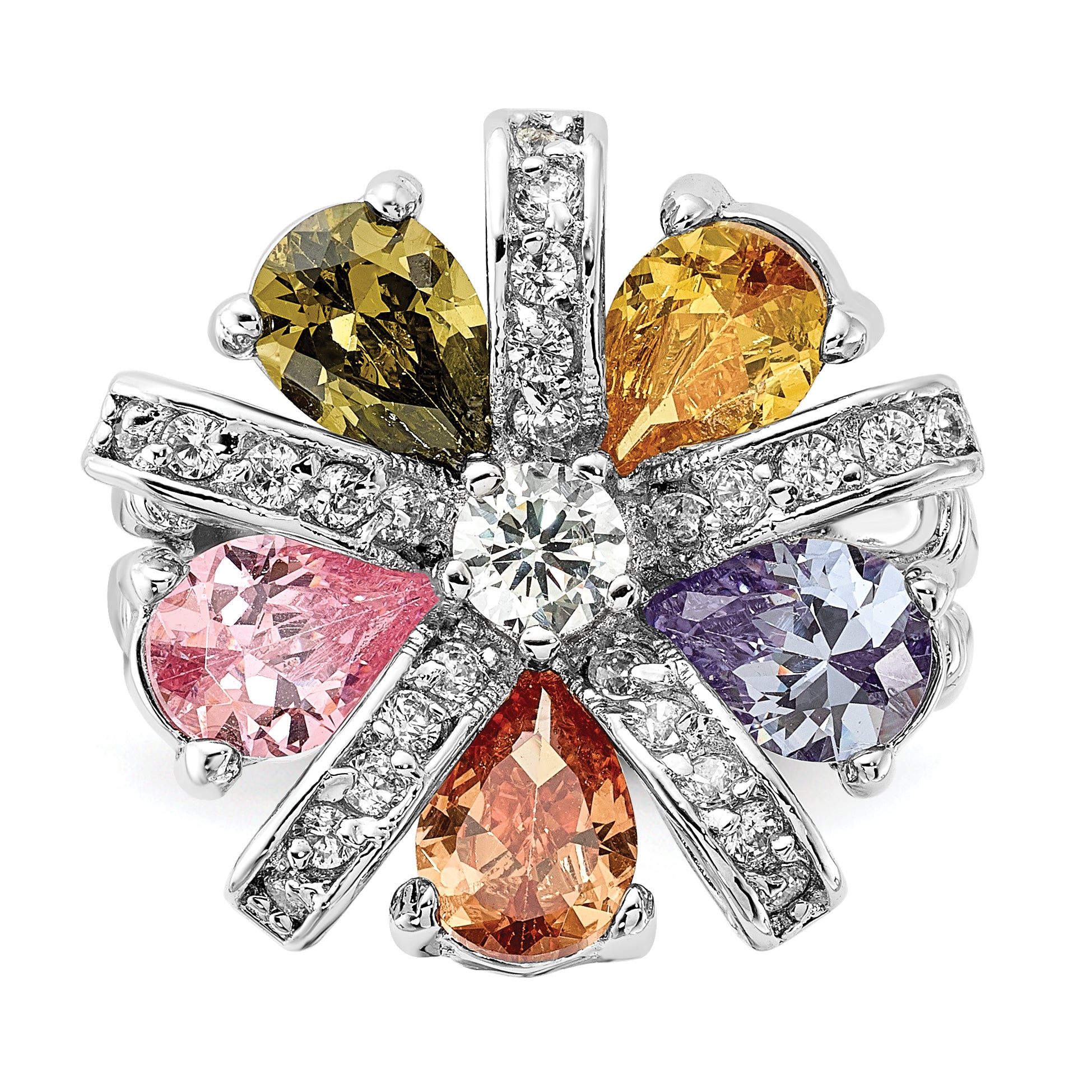 Sterling Silver Polished Multi-color CZ Floral Ring