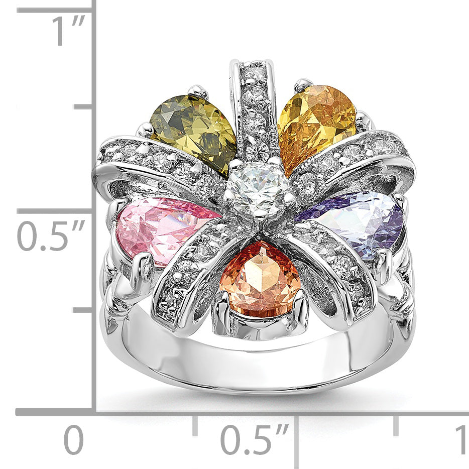 Sterling Silver Polished Multi-color CZ Floral Ring