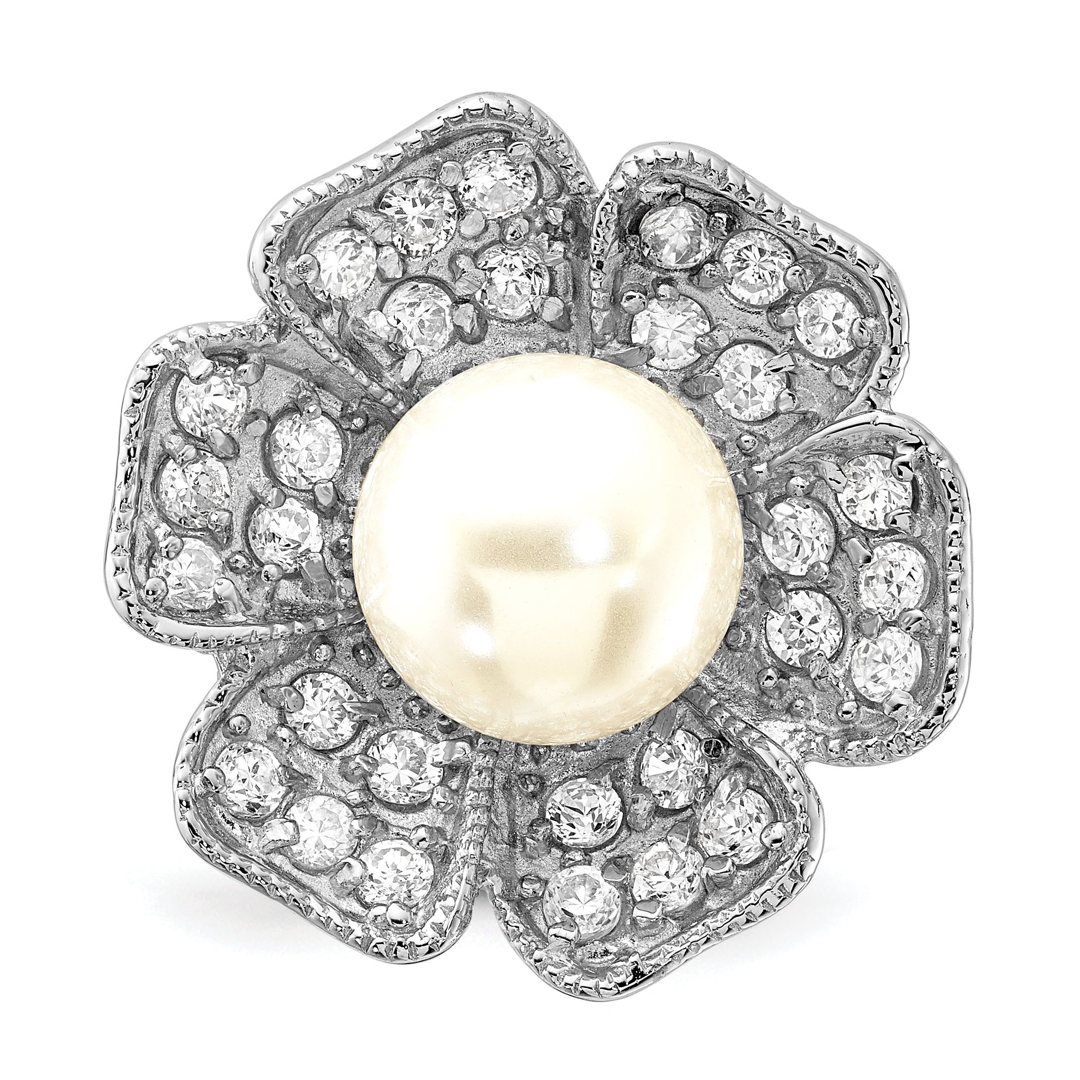 Sterling Silver Polished Simulated Pearl & CZ Flower Ring