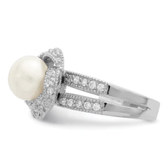 Sterling Silver Rhodium-plated Simulated Pearl and CZ Ring